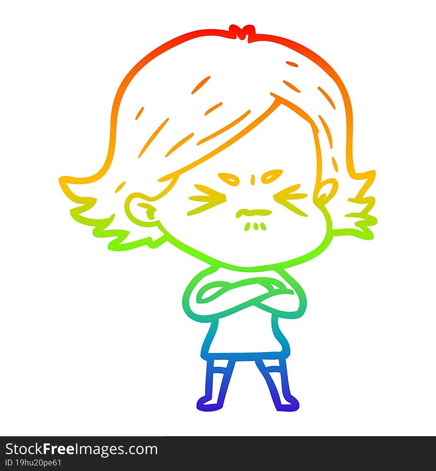 rainbow gradient line drawing of a cartoon angry girl