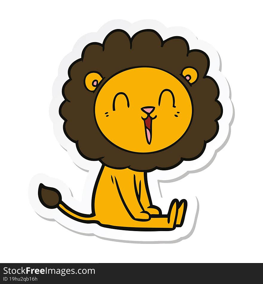 sticker of a laughing lion cartoon sitting