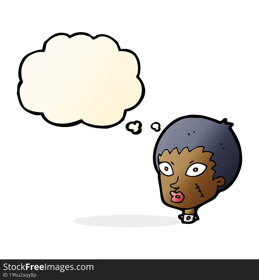 cartoon female zombie head with thought bubble