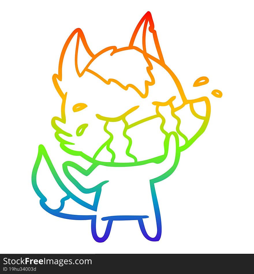 rainbow gradient line drawing of a cartoon crying wolf