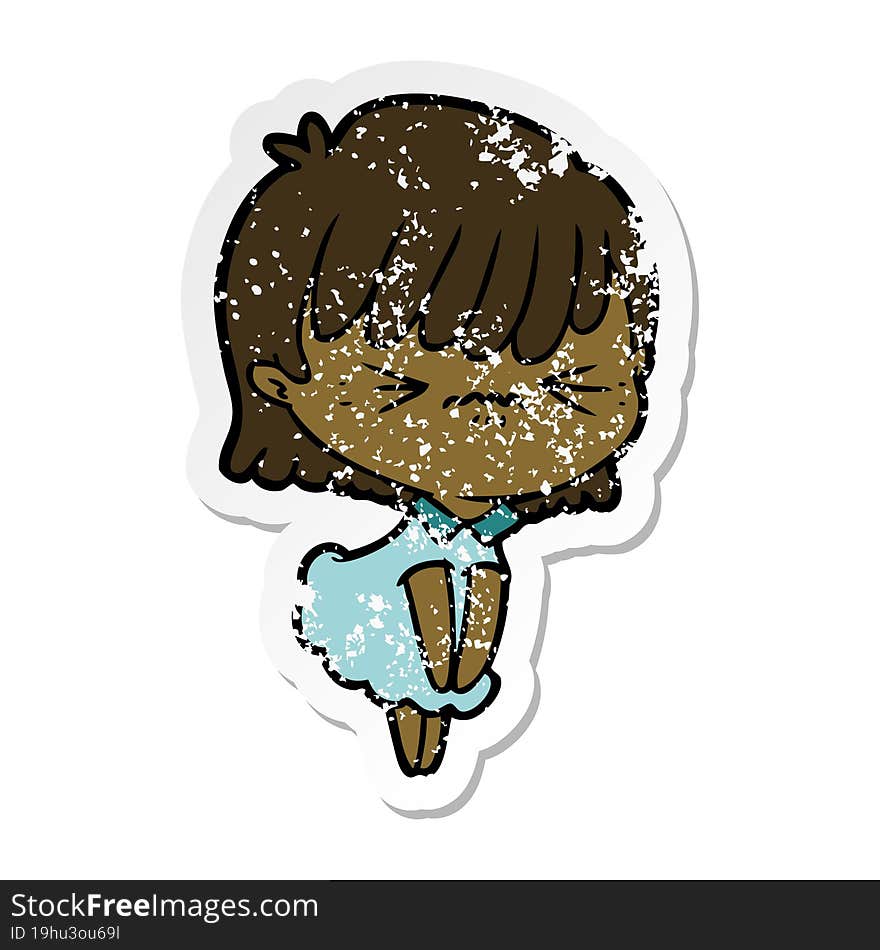 distressed sticker of a annoyed cartoon girl