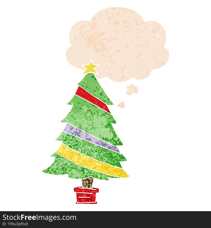 cartoon christmas tree and thought bubble in retro textured style