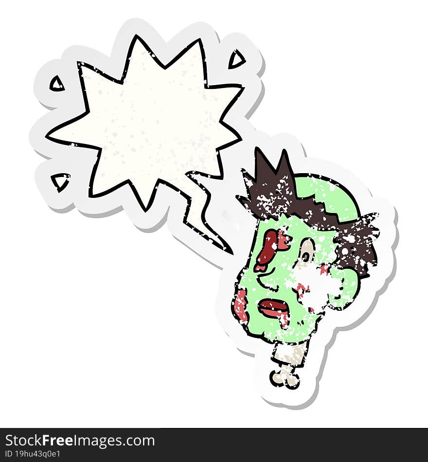 cartoon zombie head and speech bubble distressed sticker