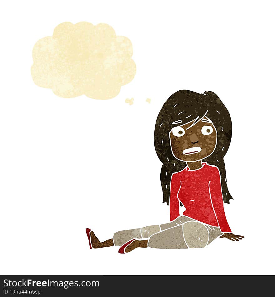 cartoon girl sitting on floor with thought bubble