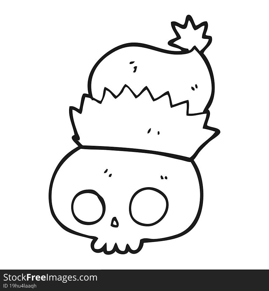 black and white cartoon skull wearing christmas hat