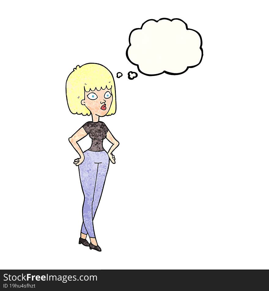 freehand drawn thought bubble textured cartoon woman with hands on hips