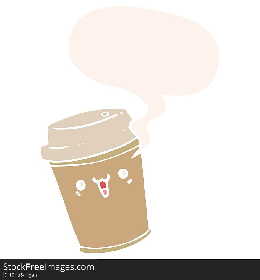 cartoon take out coffee and speech bubble in retro style