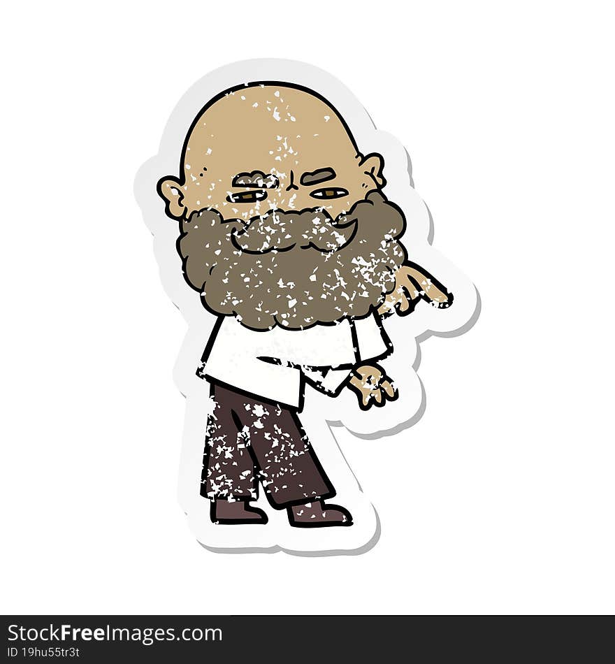 distressed sticker of a cartoon man with beard frowning and pointing