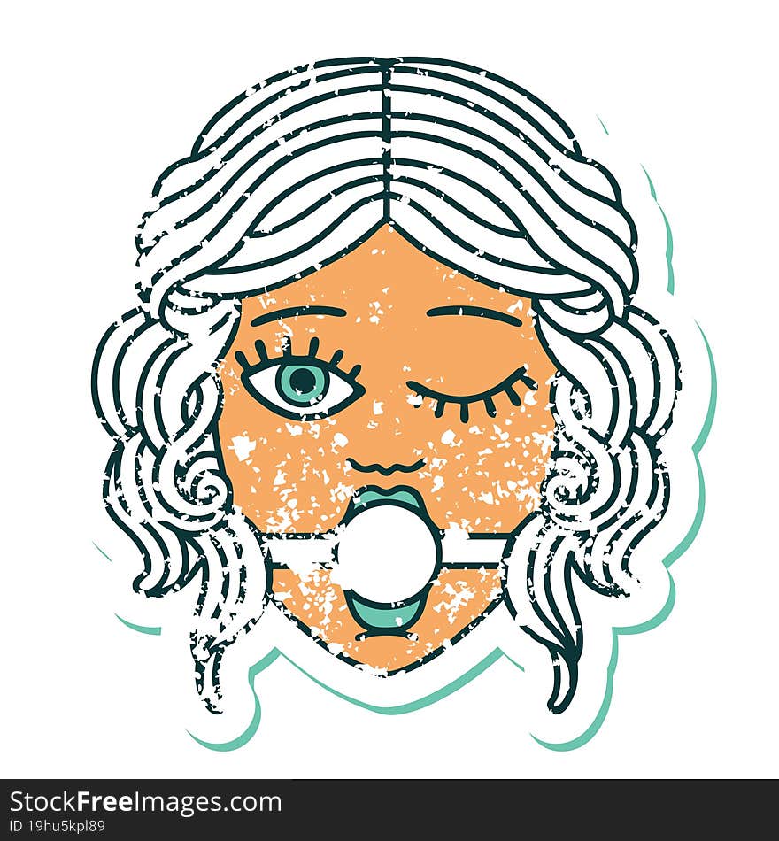 distressed sticker tattoo style icon of winking female face with ball gag