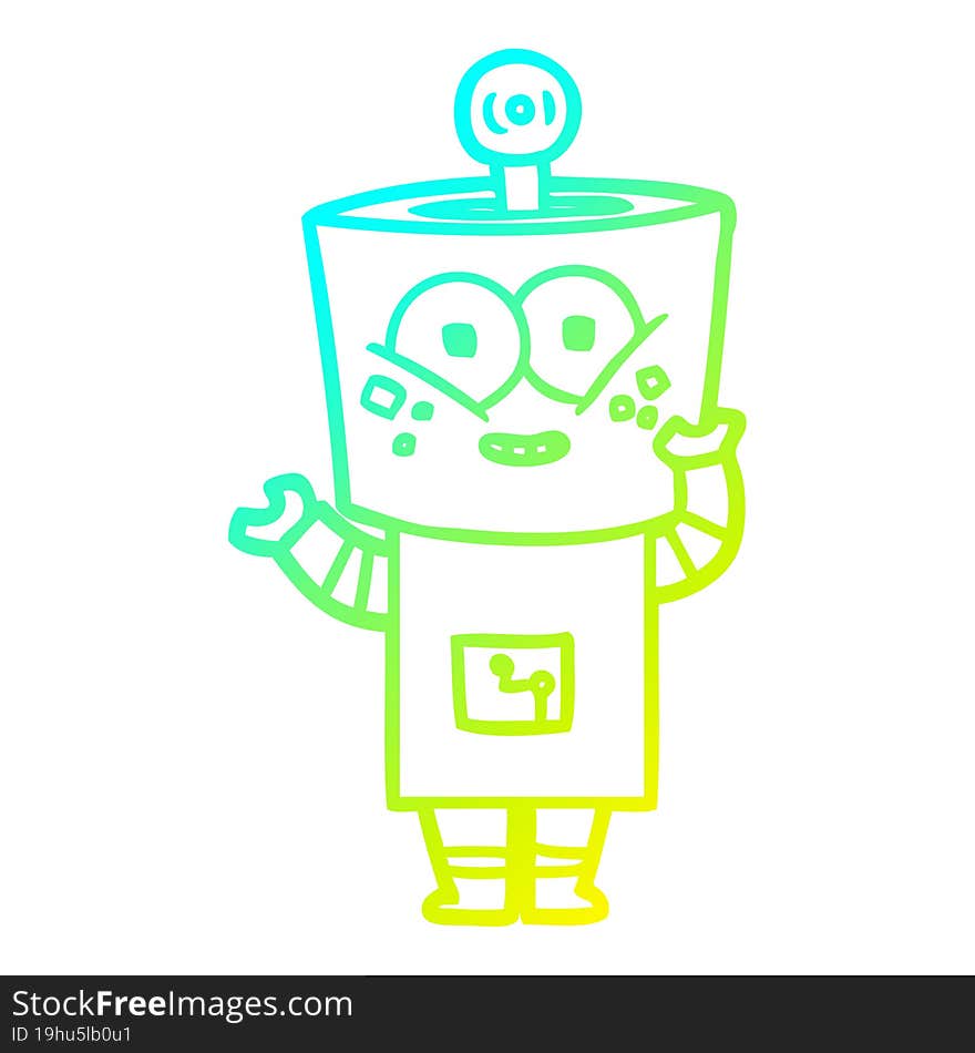 cold gradient line drawing of a happy cartoon robot waving hello