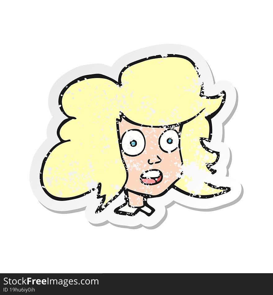 retro distressed sticker of a cartoon surprised female face