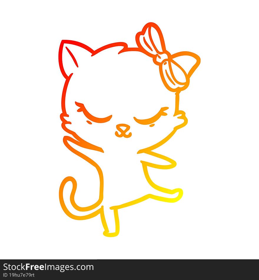 warm gradient line drawing of a cute cartoon cat with bow