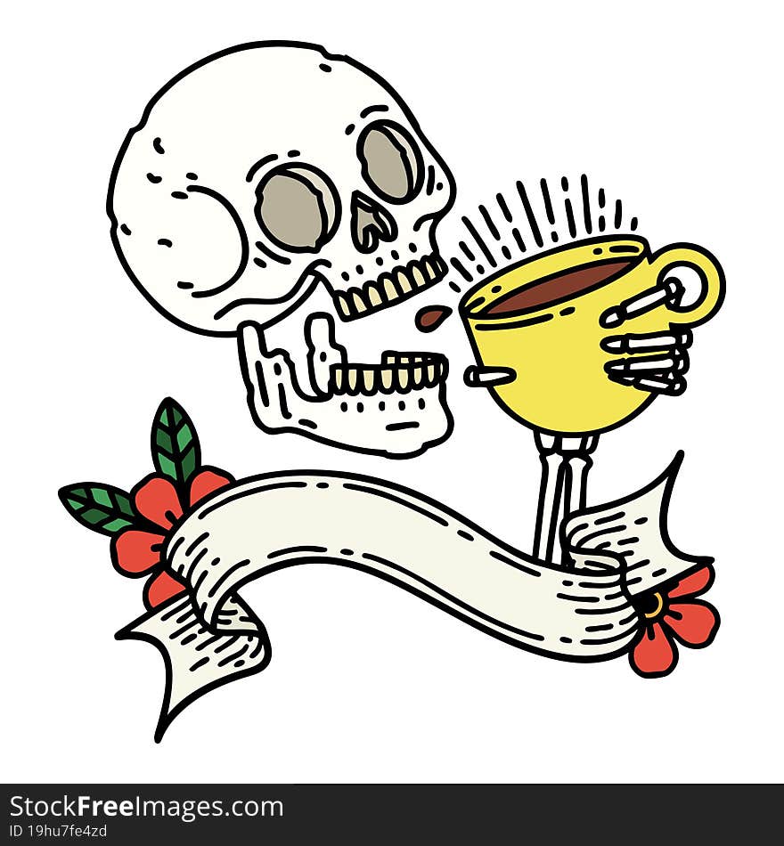 tattoo with banner of a skull drinking coffee