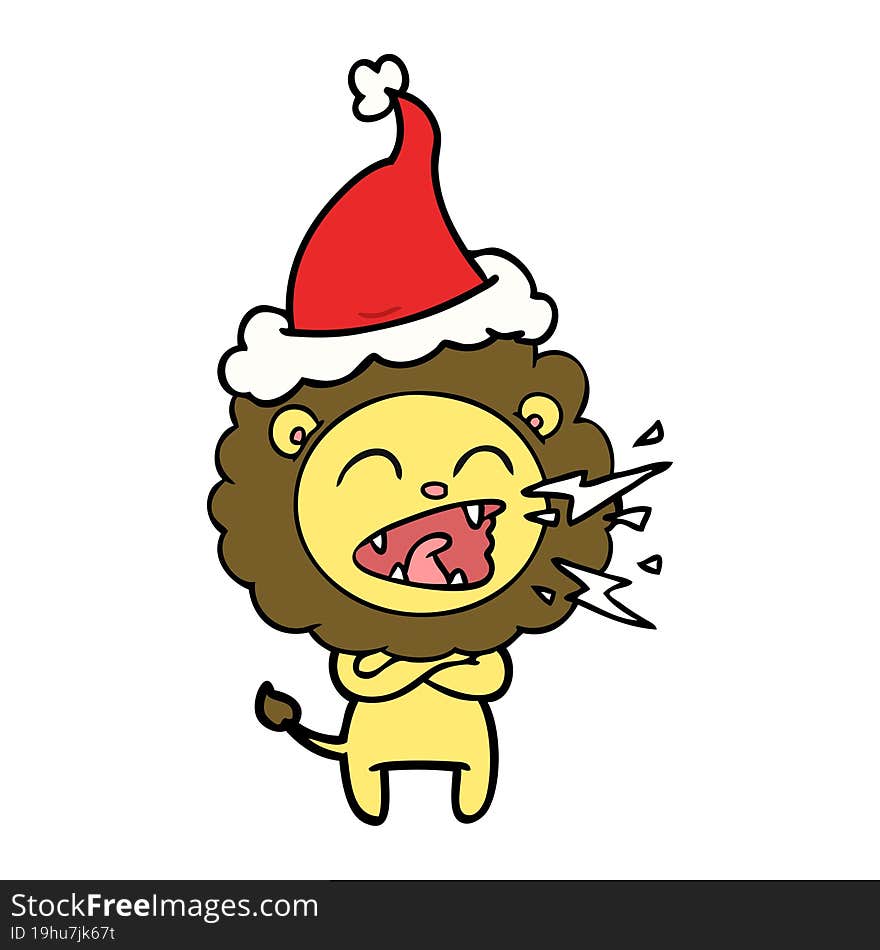 line drawing of a roaring lion wearing santa hat