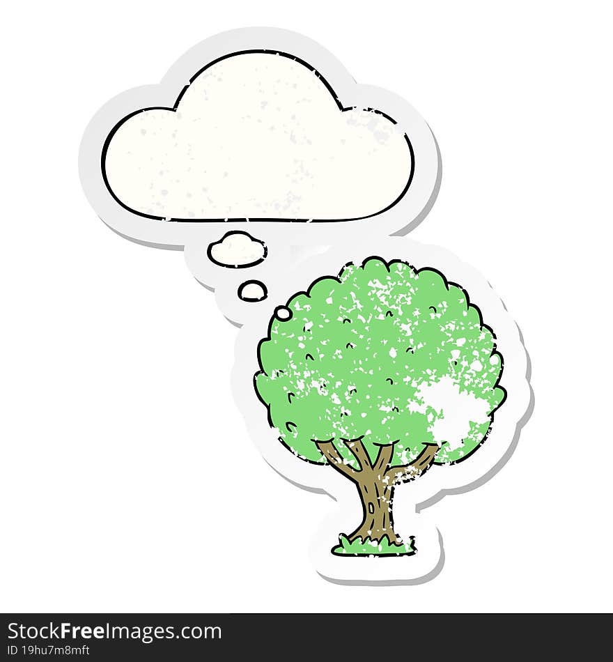 cartoon tree and thought bubble as a distressed worn sticker