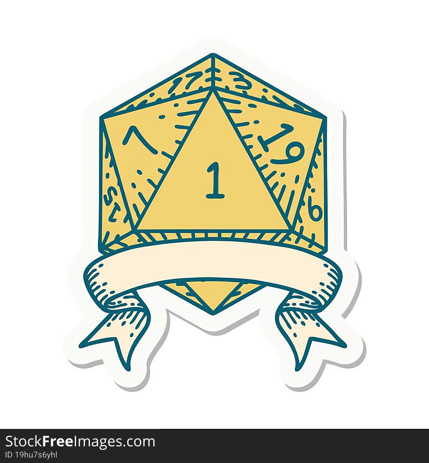 sticker of a natural one d20 dice roll. sticker of a natural one d20 dice roll