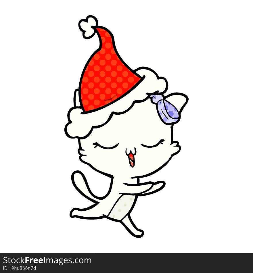 hand drawn comic book style illustration of a cat with bow on head wearing santa hat