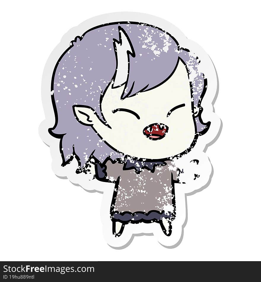 distressed sticker of a cartoon laughing vampire girl