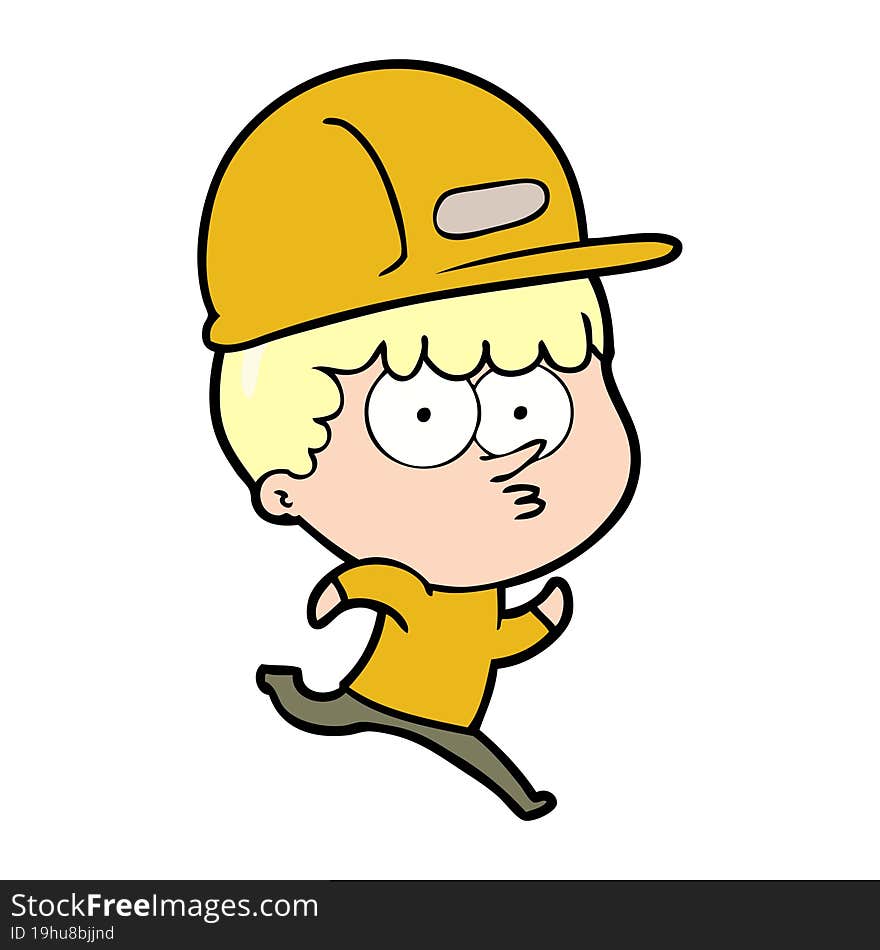 cartoon man in builders hat running. cartoon man in builders hat running