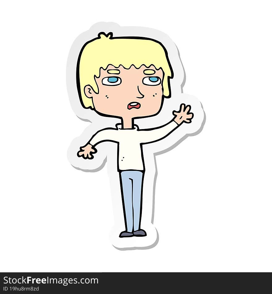 sticker of a cartoton unhapy boy waving