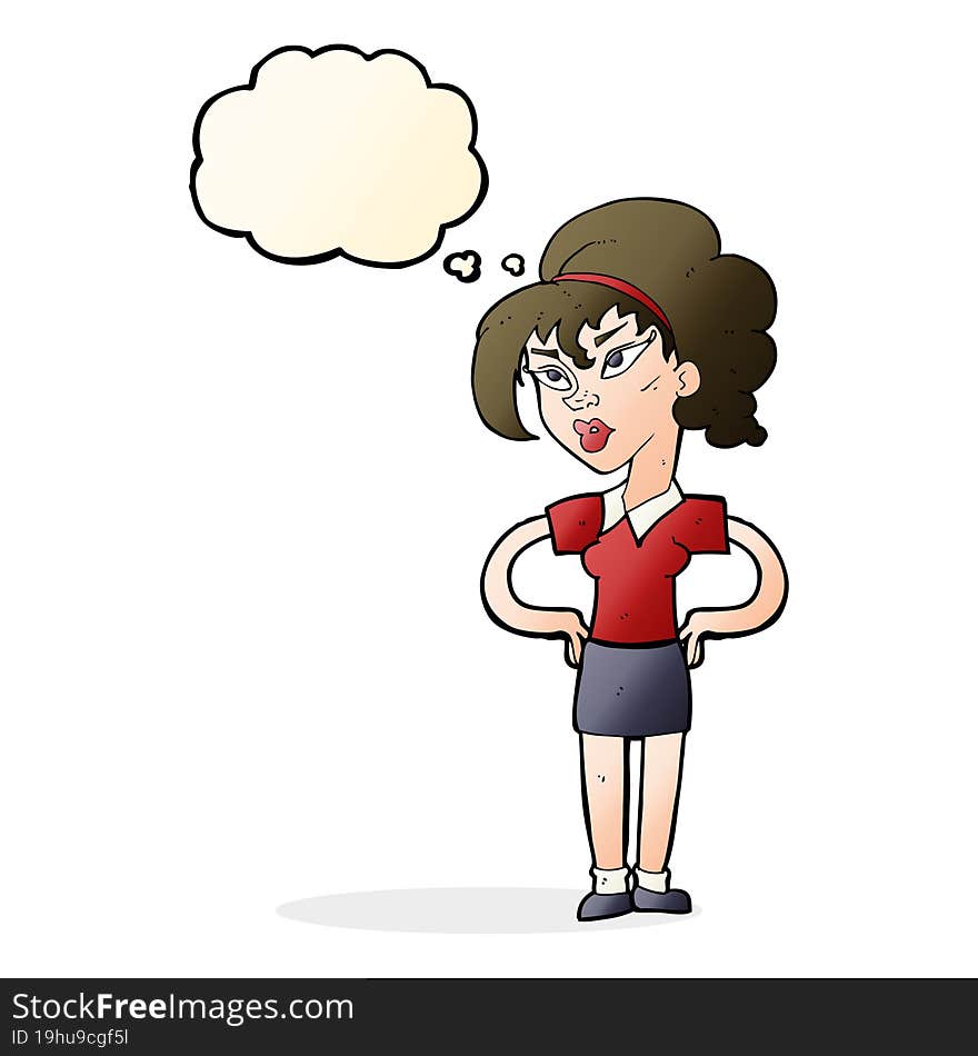 cartoon woman with hands on hips with thought bubble