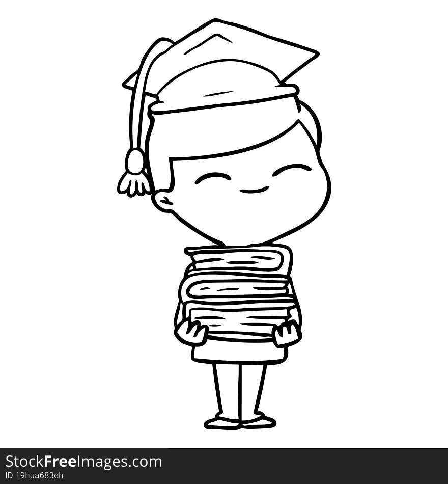 cartoon smiling boy with stack of books. cartoon smiling boy with stack of books