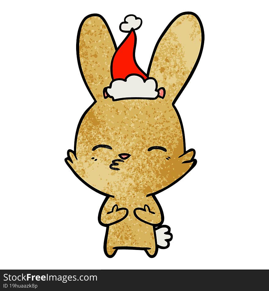 curious bunny hand drawn textured cartoon of a wearing santa hat. curious bunny hand drawn textured cartoon of a wearing santa hat