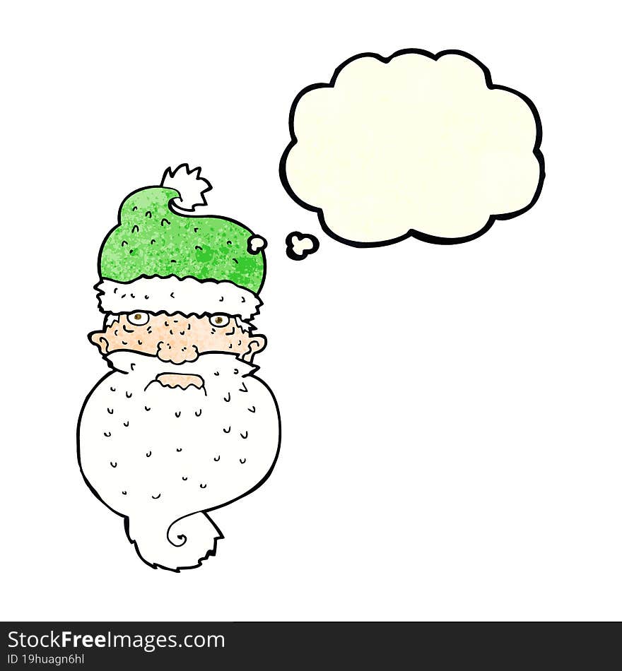 Cartoon Grim Santa Face With Thought Bubble