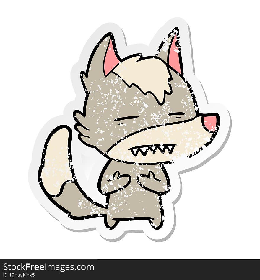 Distressed Sticker Of A Cartoon Wolf Showing Teeth