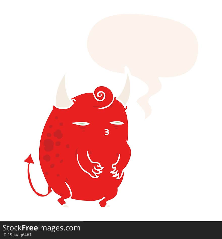 Cartoon Fat Little Halloween Devil And Speech Bubble In Retro Style