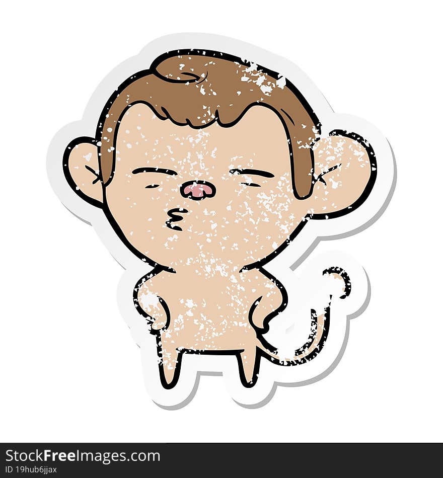 distressed sticker of a cartoon suspicious monkey