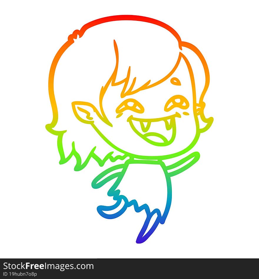 rainbow gradient line drawing of a cartoon laughing vampire girl