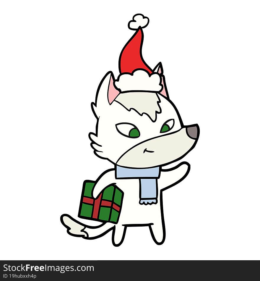 friendly line drawing of a christmas wolf wearing santa hat