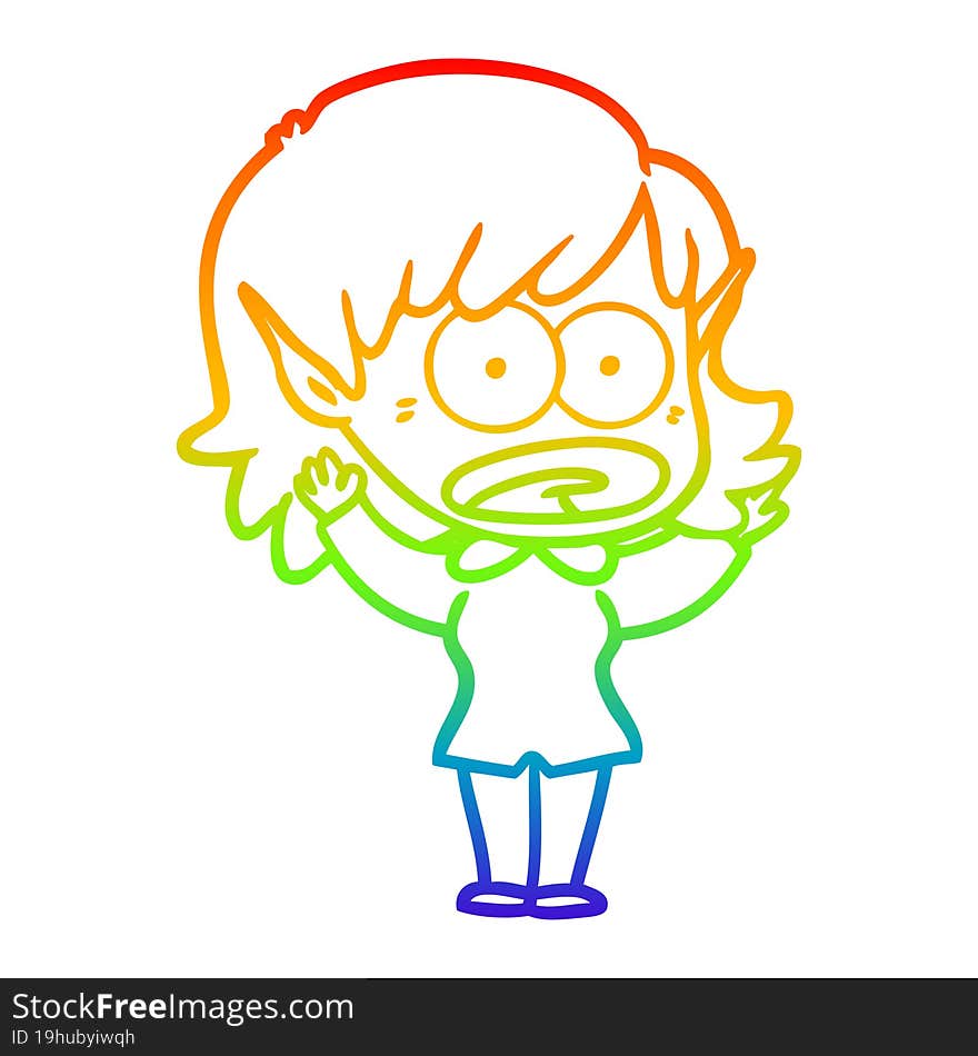 Rainbow Gradient Line Drawing Cartoon Shocked Elf Girl