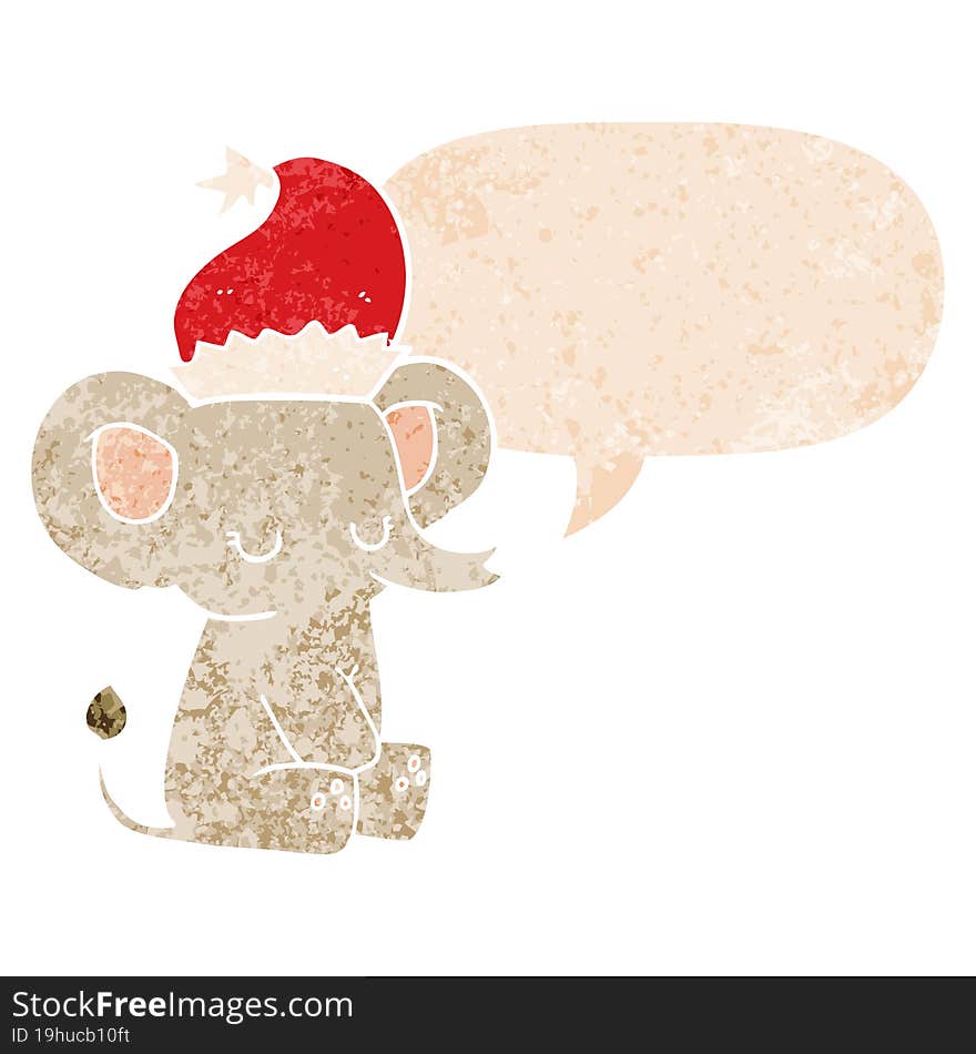 cute christmas elephant and speech bubble in retro textured style