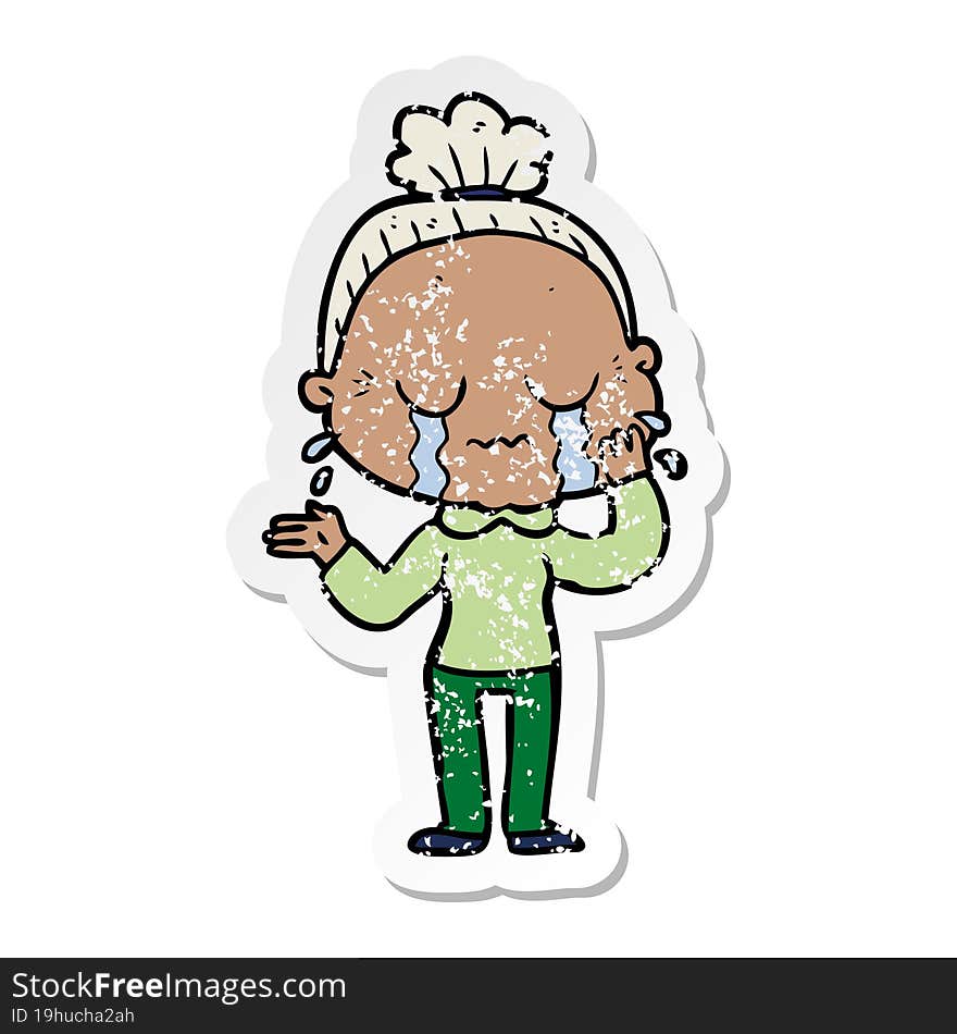 distressed sticker of a cartoon crying old lady