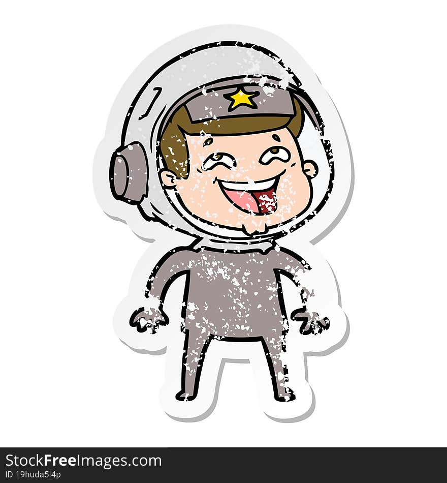 distressed sticker of a cartoon laughing astronaut