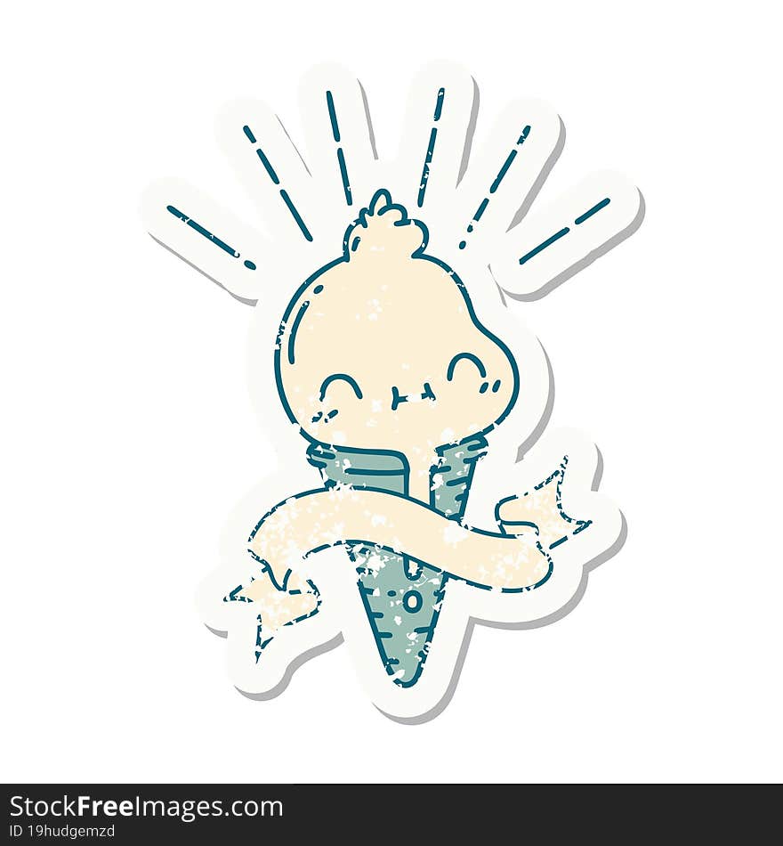 grunge sticker of tattoo style ice cream character