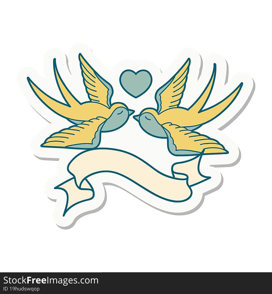 Tattoo Sticker With Banner Of A Swallows And A Heart