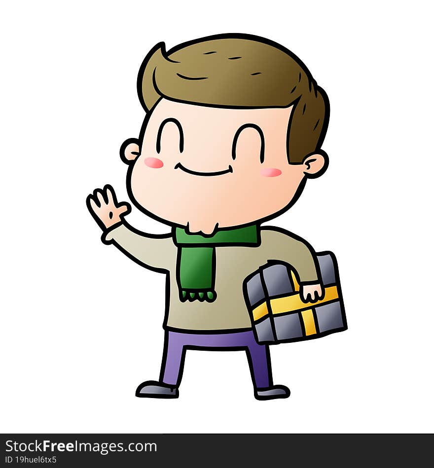 cartoon friendly man with xmas gift. cartoon friendly man with xmas gift