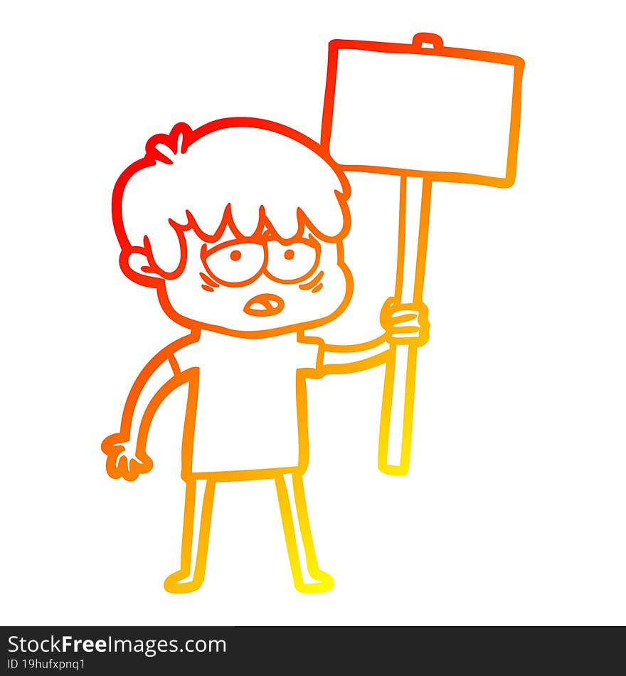 Warm Gradient Line Drawing Cartoon Exhausted Boy With Placard