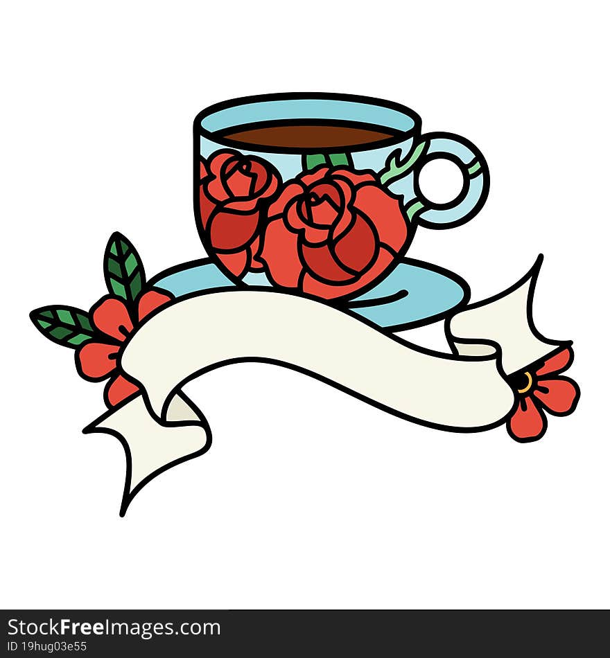 tattoo with banner of a cup and flowers