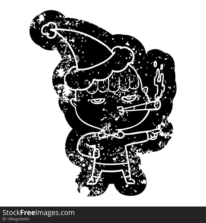 quirky cartoon distressed icon of a man smoking wearing santa hat