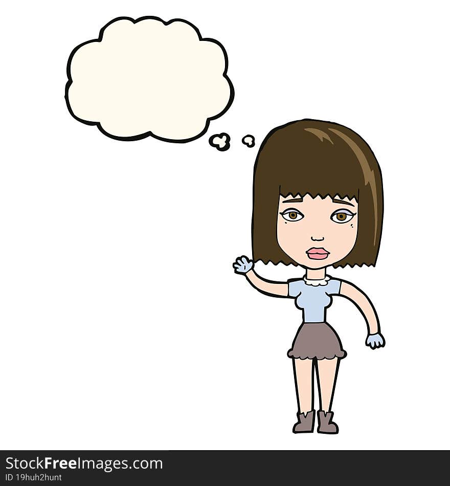 cartoon waving woman with thought bubble