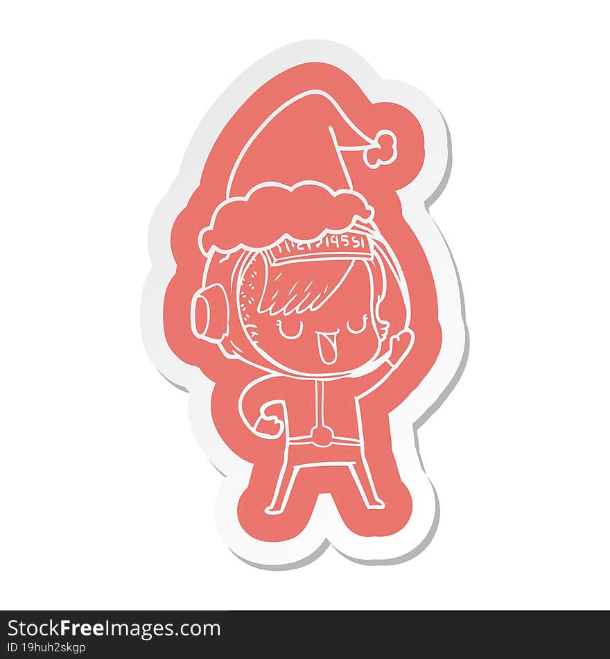 cartoon  sticker of a astronaut woman wearing santa hat