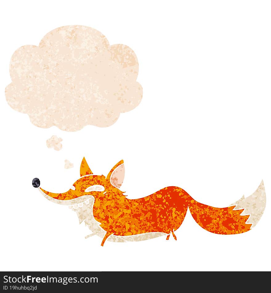 Cartoon Sly Fox And Thought Bubble In Retro Textured Style