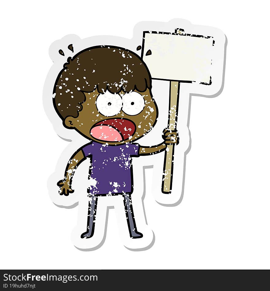 distressed sticker of a cartoon shocked man with placard