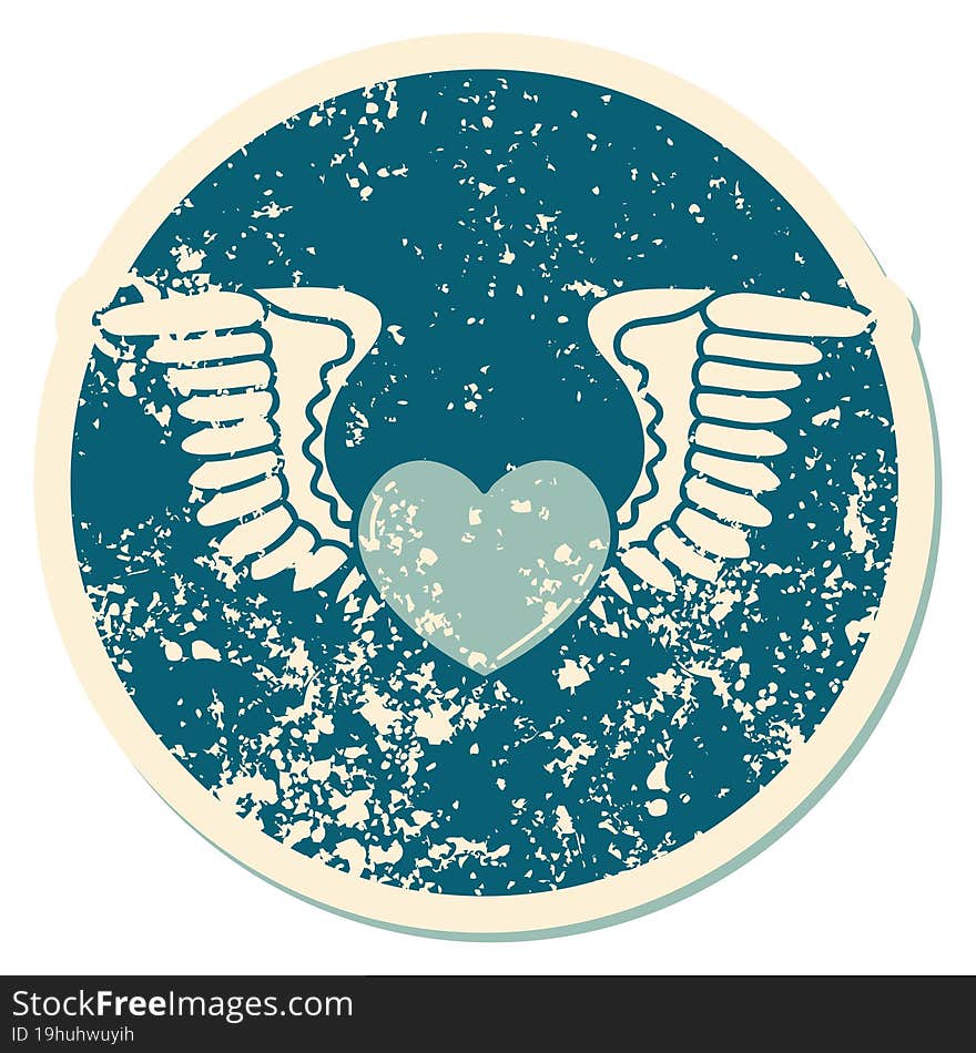 Distressed Sticker Tattoo Style Icon Of A Heart With Wings