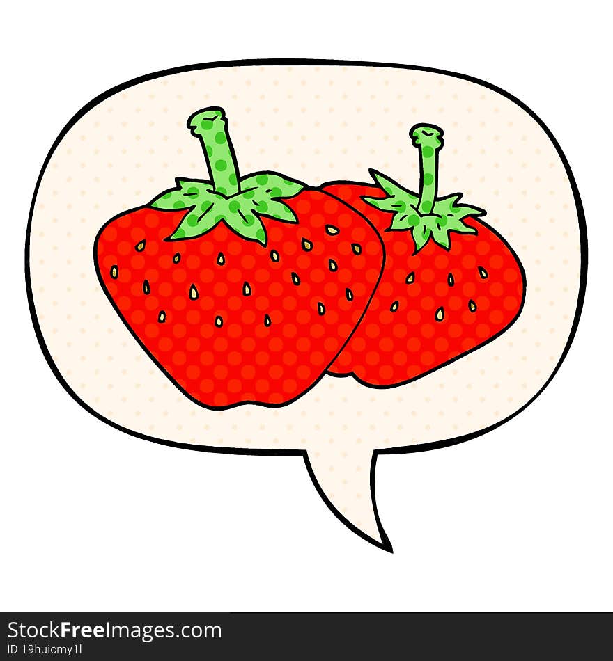 cartoon strawberry with speech bubble in comic book style