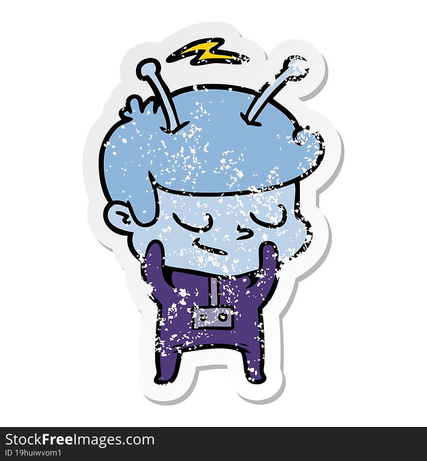 distressed sticker of a shy cartoon spaceman